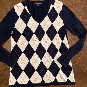 Tommy Hilfiger Mens Large Argyle Sweater Cotton Navy V Neck Long Sleeve